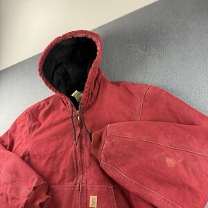 Carhartt Jacket Men's L Red VTG 90s J130 CRI Crimson Red Hooded Work Distressed